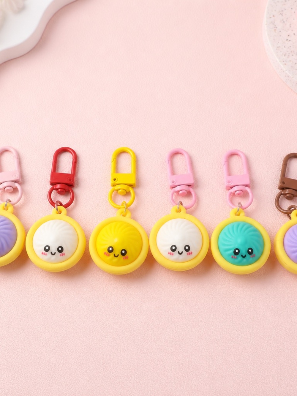 Cute Kawaii Dumpling Keychain Clip - Yellow Frame, Assorted Faces 6 random